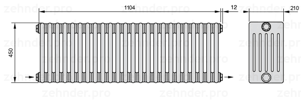 Схема (чертеж) Радиатор Zehnder Charleston 6045/24 №2670 Белый глянцевый RAL 9016
